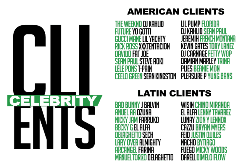 OUR CELEBRITY CLIENT LIST ENGLISH AND LATIN ARTISTS